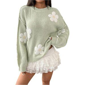 Women's Floral Knit Sweater Crewneck Long Sleeve Drop Shoulder Pullover